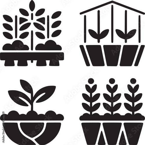 Four black and white icons depicting plants growing in containers on a plain white background space filling