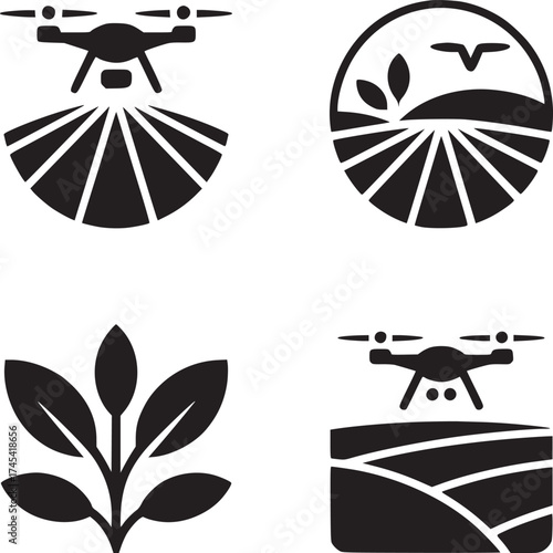 Four black and white agricultural icons depicting drones, crops, and a field in a circle design