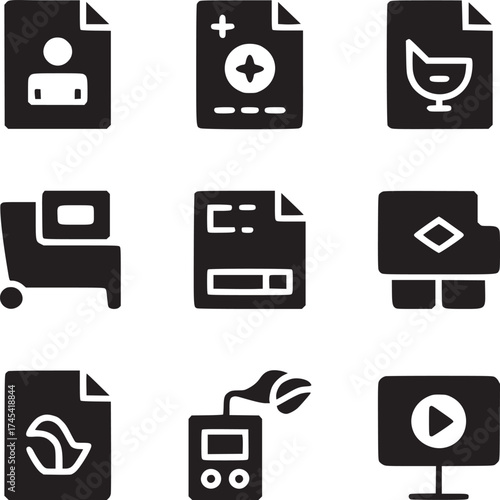 Collection of nine black glyph icons representing various concepts on a white background layout