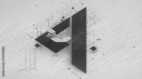 of geometric shapes, grids, and symbols coming together to form A and I in minimalist isometric layout geometric AI typography, isometric digital shapes, abstract letter formation, minimalist 