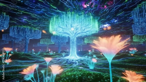 Enchanting Bioluminescent Forest with a Glowing Tree of Life.