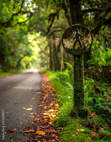 Forest path sign, autumn leaves