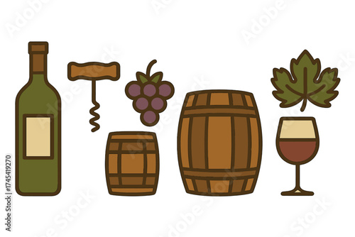 Set of stylized icons representing wine making, tasting, and cellar elements