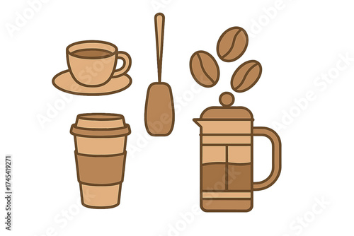 Collection of essential coffee brewing and serving equipment icons in brown tones