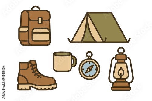 Essential outdoor adventure equipment icons set featuring tent, backpack, boot, compass, and lantern
