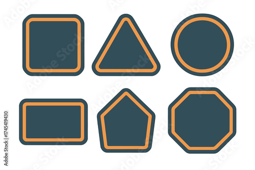 Six dark geometric shapes with rounded corners and bright orange outlines on white
