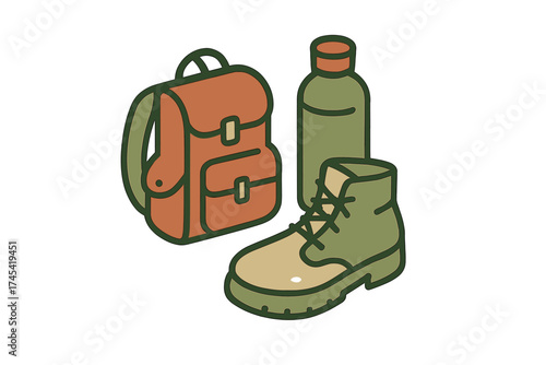 Essential outdoor equipment set featuring a backpack water bottle and sturdy hiking boot