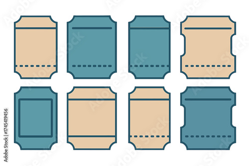 Set of eight blank retro ticket and coupon templates with perforated dashed lines and decorative borders