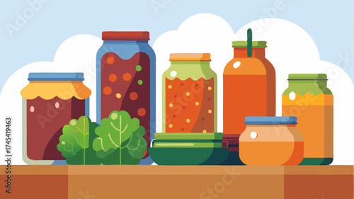 A collection of homemade jars filled with organic pickles sauces and chutneys on a market table emphasizing the homegrown and artisanal approach to food.