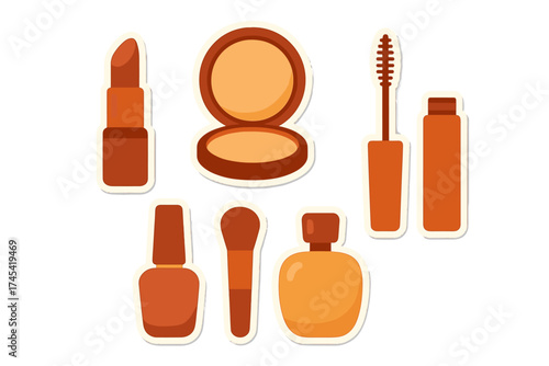Set of essential beauty products stickers including lipstick mascara powder nail polish perfume