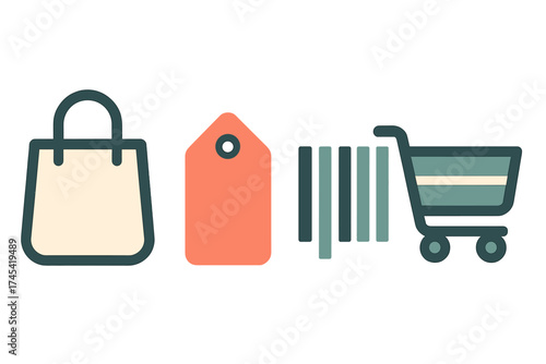 Essential retail and e-commerce symbols featuring a shopping bag, price tag, barcode, and cart