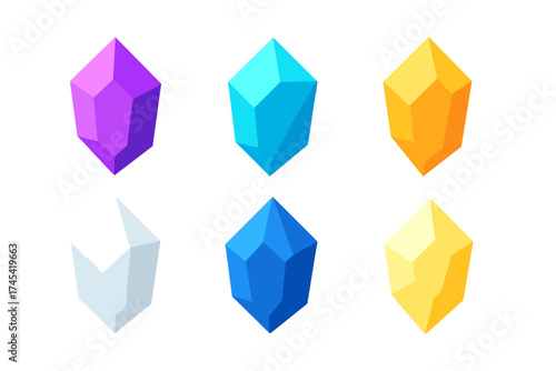 Set of six brightly colored faceted geometric crystals isolated on white background