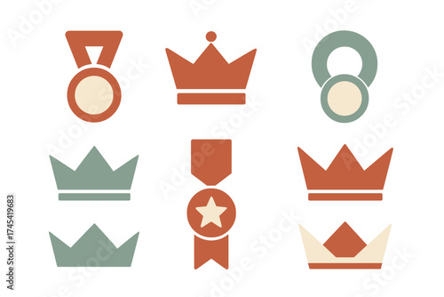 Minimalist crowns and championship award medals symbolizing success and victory
