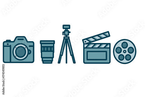 Photography and filmmaking professional gear symbols: camera, lens, tripod, clapperboard, film reel