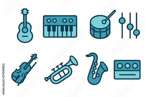 Set of flat line icons representing various musical instruments and sound equipment