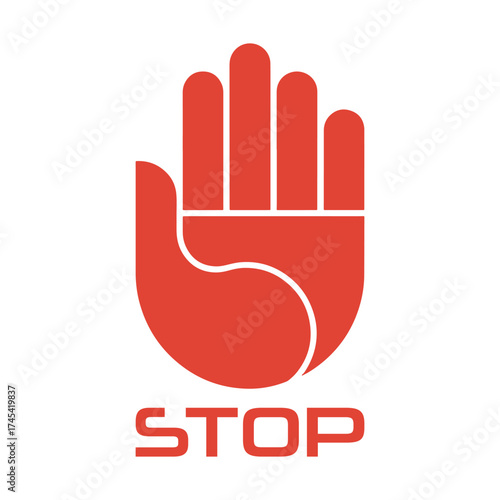 Red stop hand symbol with white text stop on white background vector