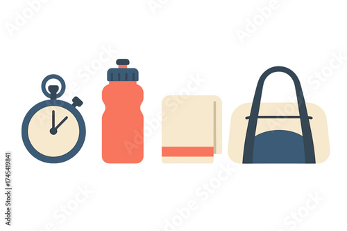 Essential fitness accessories set with stopwatch water bottle towel and sports duffel bag