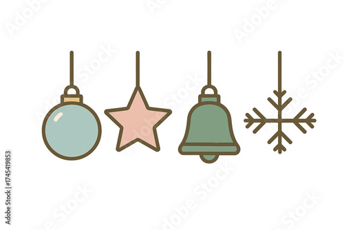Simple outline Christmas holiday ornaments set including bauble, star, bell, and snowflake