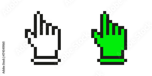 Pixelated Hand Cursor Icon Set. Retro Computer Pointer Symbol Collection. Classic And Green Hand Icons For Digital Navigation. Isolated Vector Illustration