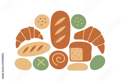 Minimalist assortment of fresh baked goods, including croissants, bread loaves, and sweet rolls