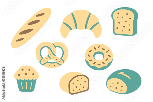 Assortment of fresh baked goods including bread, croissant, pretzel, donut, and muffin