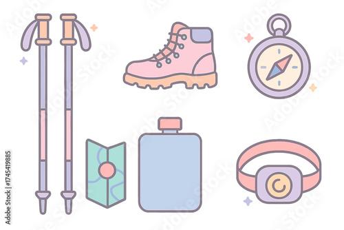 Pastel colored essential hiking gear set including trekking poles, boot, compass, and map