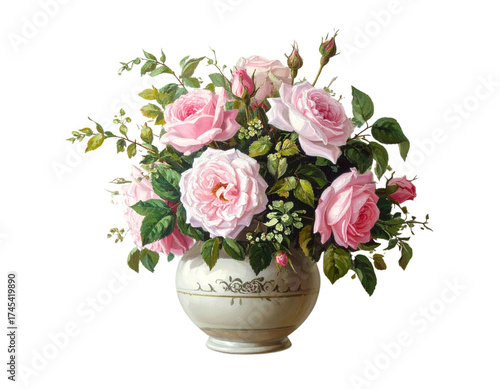 Wallpaper Mural Rustic Country Bouquet of Roses and Leaves in Ceramic Vase, Soft Pastel Still Life Oil Painting, Isolated Torontodigital.ca