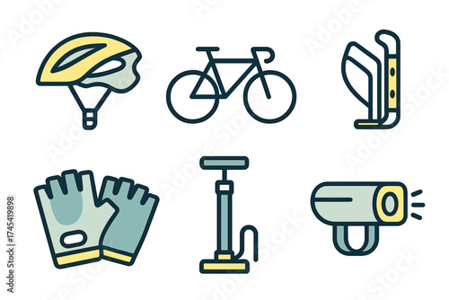 Collection of essential cycling accessories and safety gear including helmet, pump, and gloves