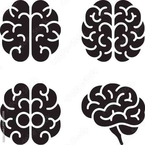 Four black and white brain icons arranged in a square pattern on a plain white background graphic design