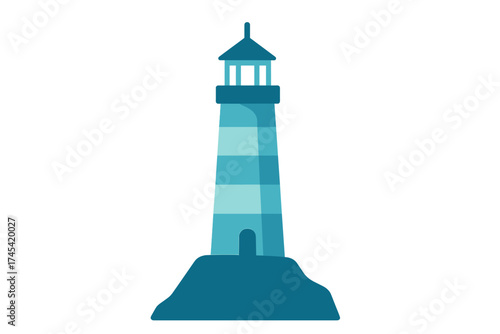 Tall striped lighthouse standing on a rocky base in shades of blue and teal