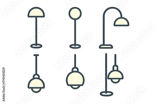 Outline icons of various interior lighting fixtures including floor and pendant lamps
