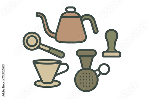 Essential coffee brewing tools set including kettle dripper tamper and scoop