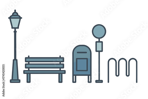 Urban street furniture elements set featuring lamppost, park bench, public mailbox, bus stop sign, and bicycle rack