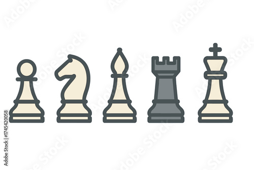 Stylized flat icons of major chess pieces including pawn knight bishop rook and king