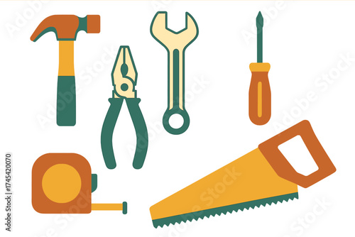 Essential construction and repair hand tools set including hammer, saw, wrench, and screwdriver