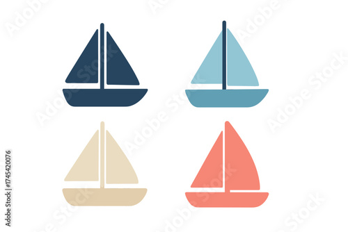 Minimalist sailing boat symbols featuring different nautical color palettes