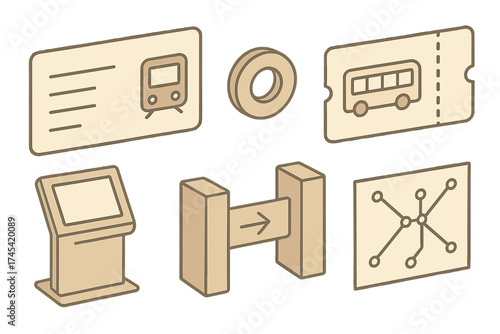 Isometric public transportation icons featuring transit tickets, route map, kiosk, and turnstile