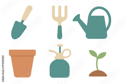 Collection of essential gardening tools and planting elements in a flat style