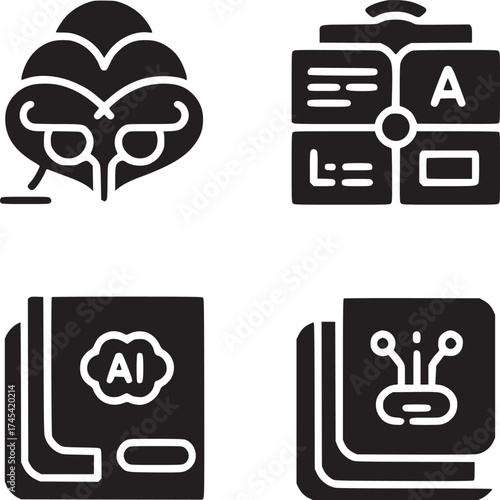 Four black and white icons representing ai data science and technology on a white background