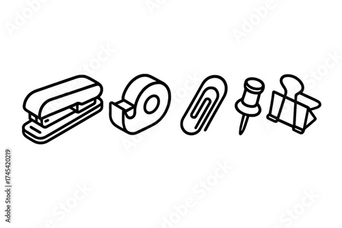 Isometric line art icons of essential office supplies stapler tape dispenser paper clip pushpin