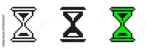 Pixel Art Hourglass Icon Set. Time Management And Countdown Symbol Collection. Retro Sand Timer. Isolated Vector Illustration