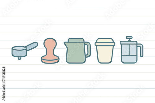 Minimalist coffee preparation tools including tamper, portafilter, pitcher, and French press