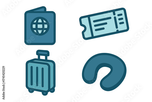 Passport, airline ticket, luggage, and neck pillow icons for essential international travel