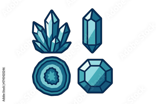 Stylized set of blue crystal formations including raw quartz cluster faceted gemstone and polished agate slice