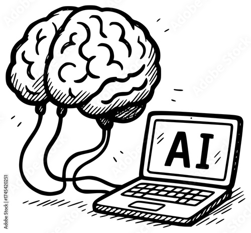 Brain connected to AI laptop