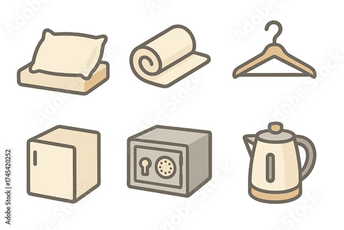 Set of essential hotel room amenities including bedding, linens, safe, mini fridge, and kettle