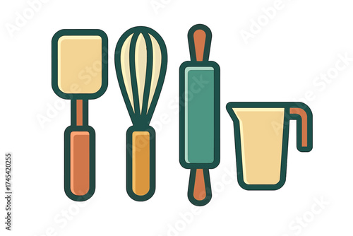 Essential baking utensils set spatula whisk rolling pin and measuring cup