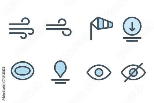 Essential interface icons for wind, location, visibility, and download functions