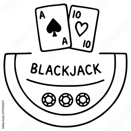 Blackjack table with ace and ten cards