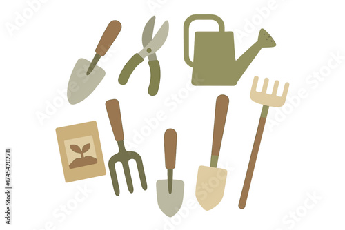 Essential gardening equipment assortment including shovels shears watering can and seed packet